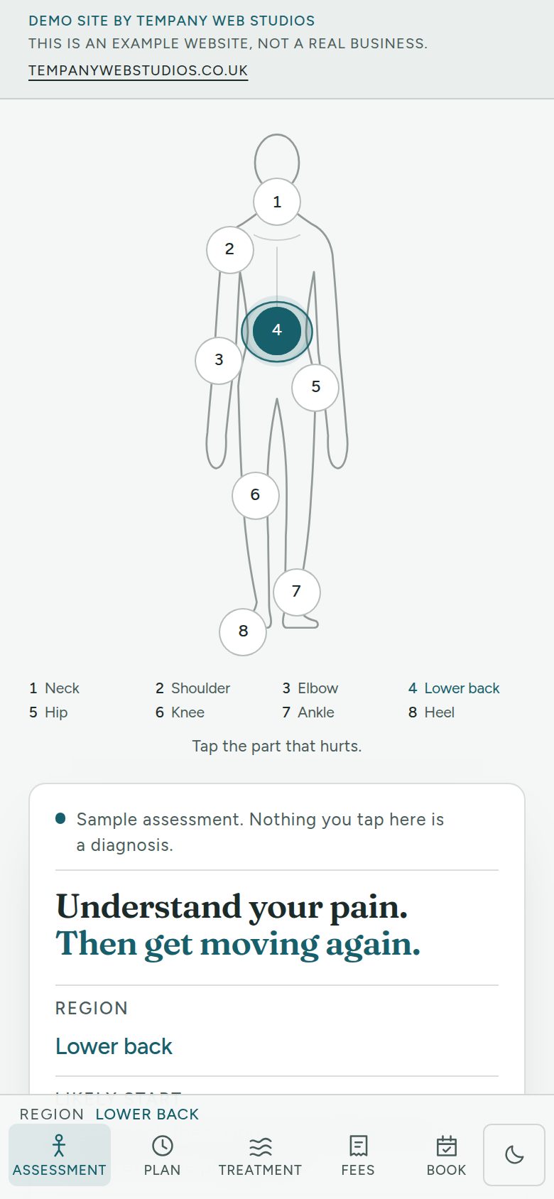 Rowanbank Physiotherapy demonstration site on a phone