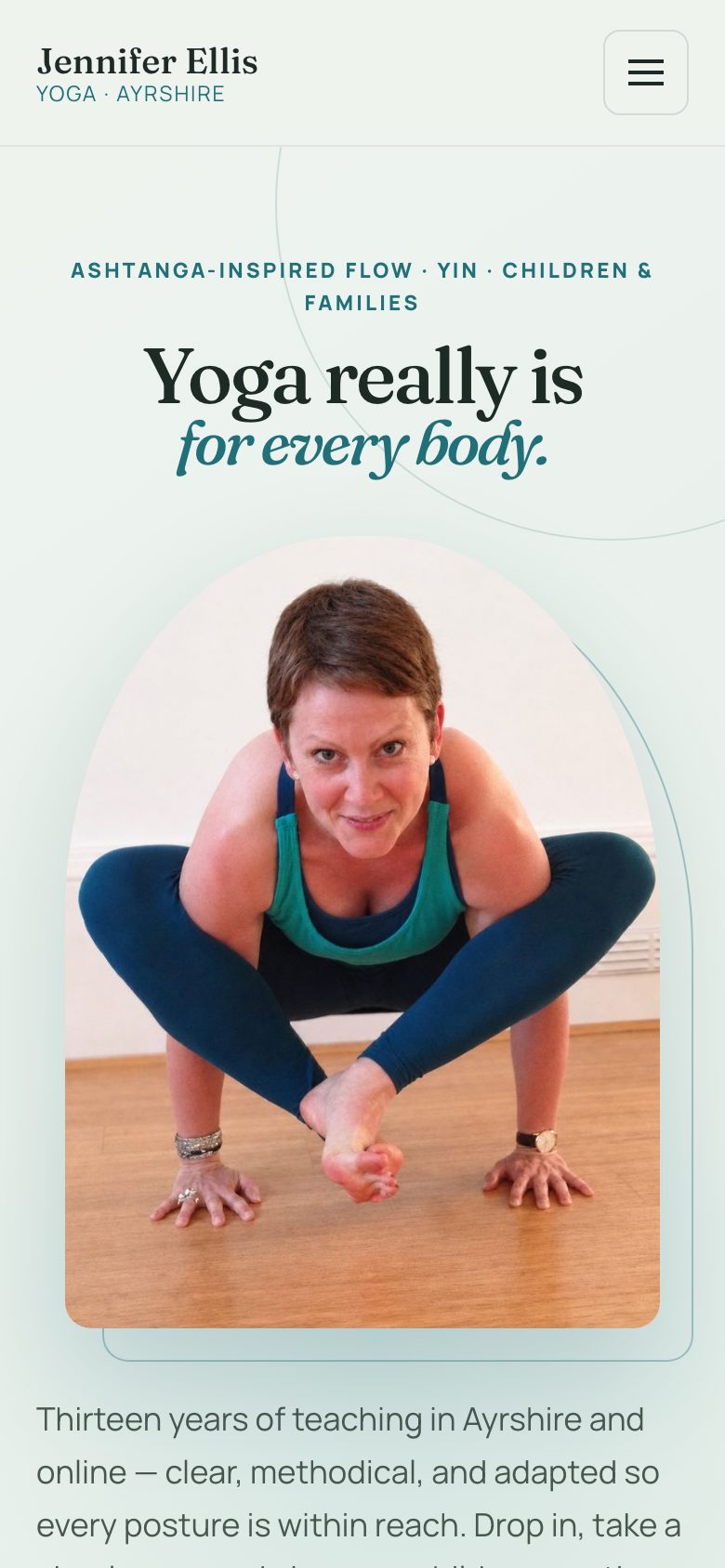 Jennifer Ellis Yoga, a live client site, shown on a phone