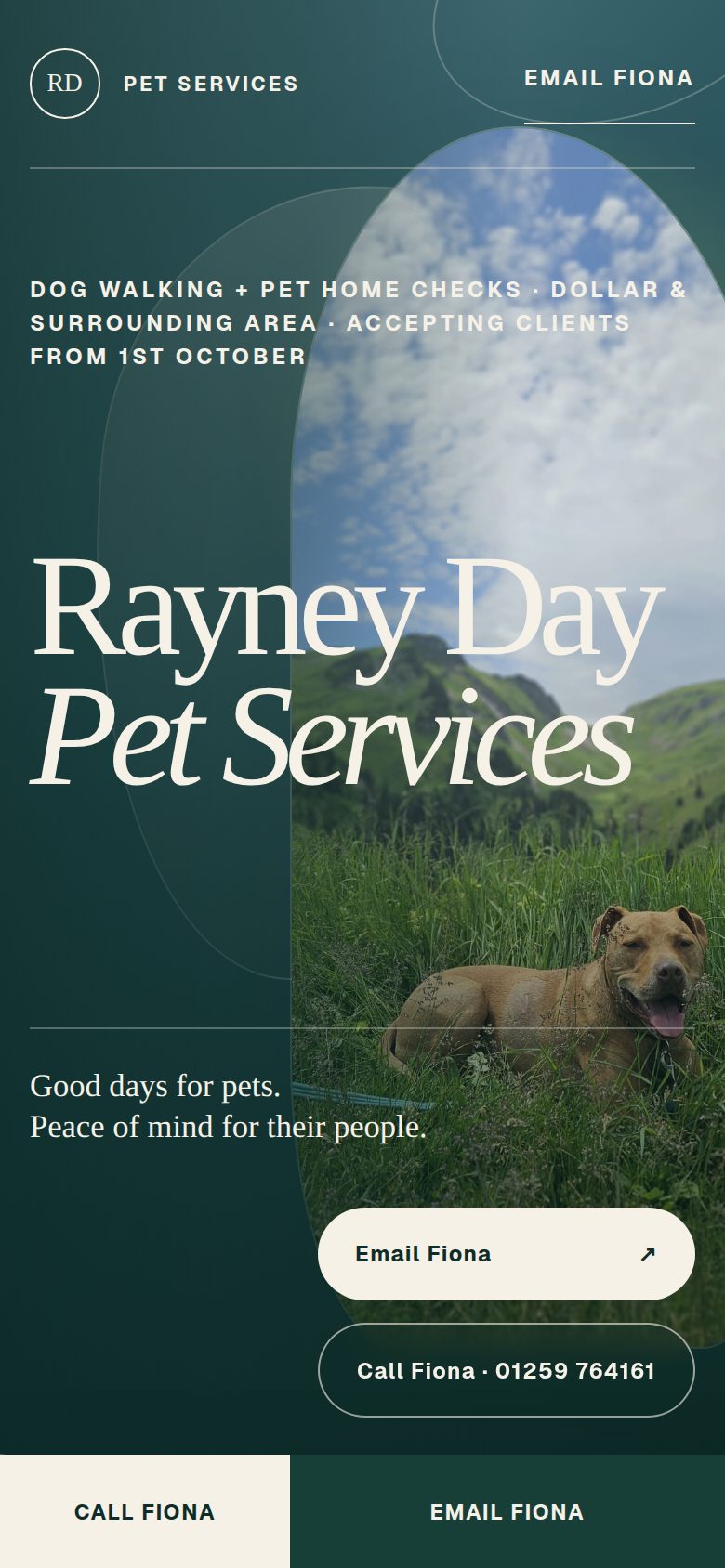 Rayney Day Pet Services, a live client site, shown on a phone