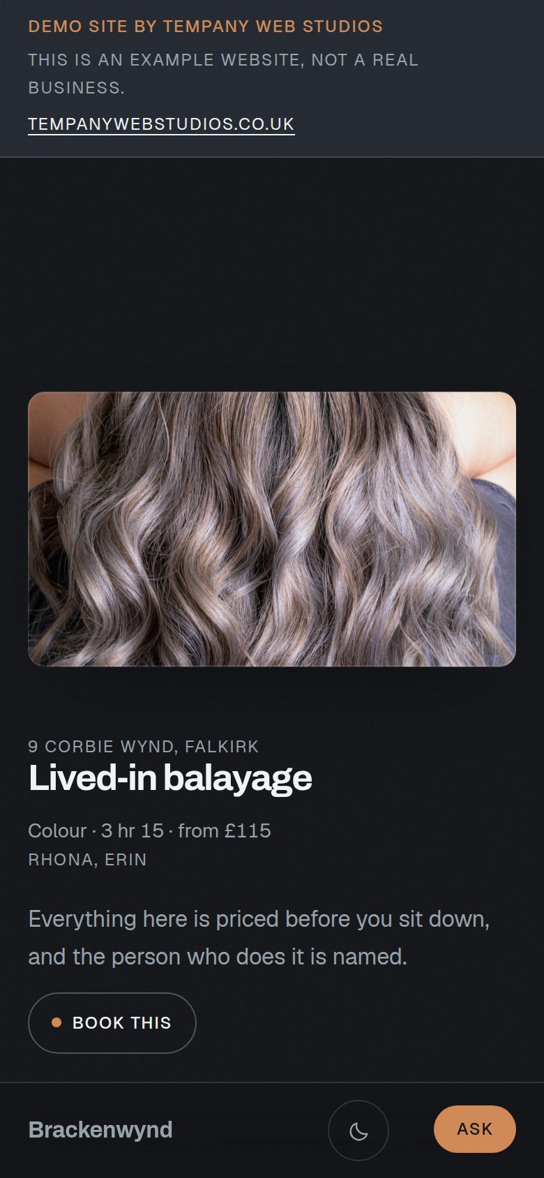 Brackenwynd Hair Studio demonstration site on a phone